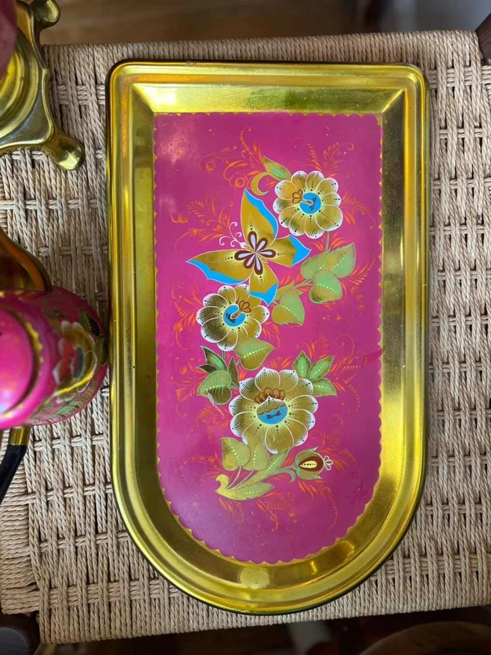 Vintage Soviet Samovar Tea Set 1991 Pink Floral Enamel Brass USSR Kitsch Decor